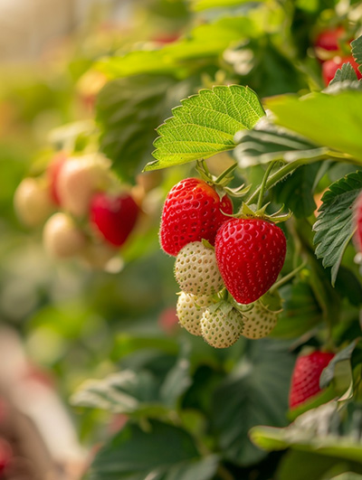 Plants de fraisiers en pleine croissance dans un jardin bio - culture de fraises